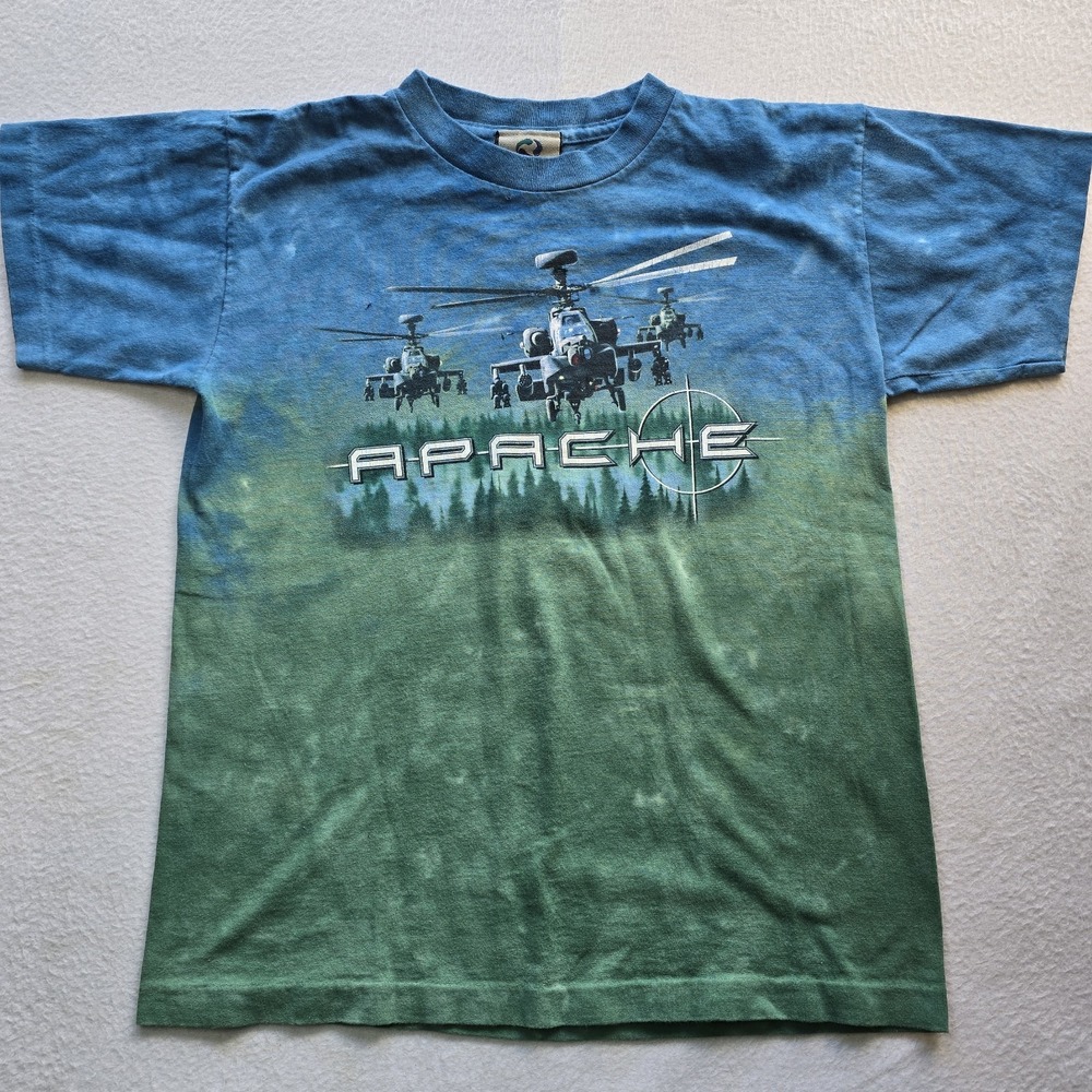 Vintage 90s Liquid Blue Apache Helicopter Single Stitch Tie Dye Shirt Youth L...